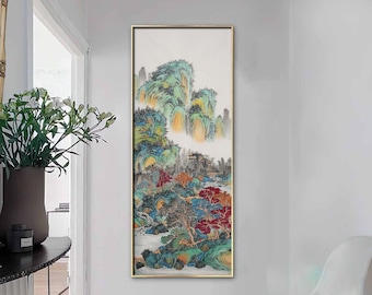 Chinese Meticulous landscape painting, original brush painting, Chinese traditional landscape, large high vertical wall decoration painting