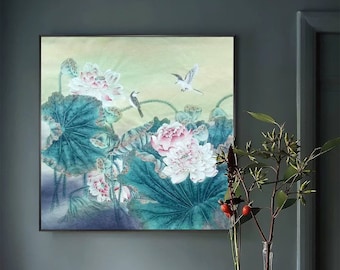 Chinese Gongbi painting, Pink Lotus and birds, original painting, hand-painted fine-brush painting, watercolor botanical, lotus painting