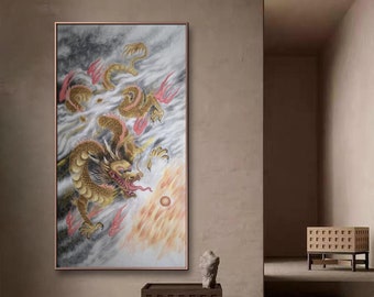 Fire dragon zodiac meticulous painting, original work, hand-painted brush painting, extra large vertical traditional Chinese dragon painting