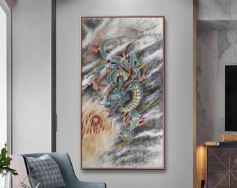 Dragon zodiac meticulous painting, original work, hand-painted brush painting, extra large vertical traditional Chinese dragon painting