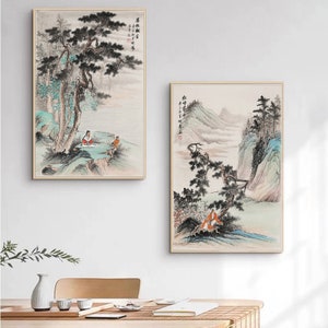 Classic Pine tree and waterfalls Feng shui painting, Original Chinese Shuimo painting, hand-painted Shan shui painting