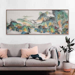 Classic Chinese traditional landscape painting, hand-painted miles mountains and waters, large horizontal original artwork, mineral painting