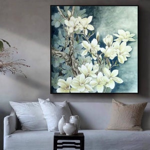 White magnolia, grey background, large square floral wall art, Chinese painting, original brush painting, hand-painted watercolor magnolia