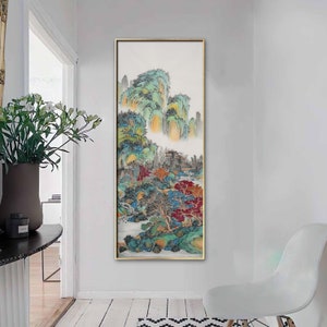 Chinese Meticulous landscape painting, original brush painting, Chinese traditional landscape, large high vertical wall decoration painting
