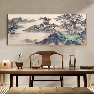 Original Hand-painted Chinese traditional landscape painting, pine trees, boat, river, mild mountains brush painting, Shan shui painting
