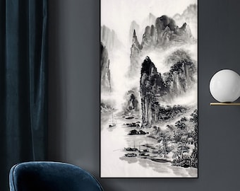 水墨画（60cm☓50cm） Minimal Abstract Ink Wash Painting, Original Vertical Chinese Shan