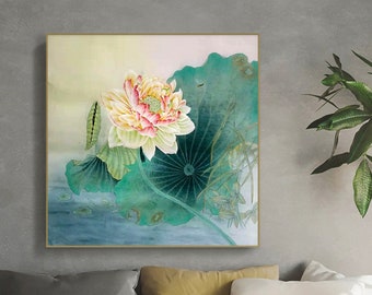May include: A watercolor painting of a white and pink lotus flower with green leaves. The flower is in the center of the painting and is surrounded by leaves. The background is a light blue color.
