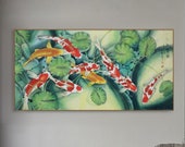 锦鲤 鲤 Koi fish, koi ponds water gardens Good luck related, Original Hand-painted koi brush painting, vertical large Feng shui koi painting