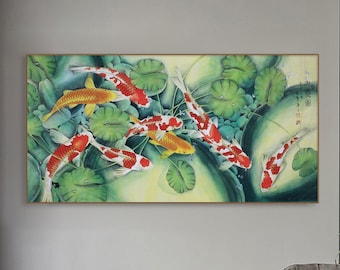 锦鲤，鲤，Koi fish, koi ponds water gardens，Good luck related, Original Hand-painted koi brush painting, vertical large Feng shui koi painting
