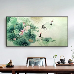Hand-Painted lotus blossoms and red-crown cranes art, large horizontal Chinese Crane brush painting, Gongbi Red-crowned crane painting