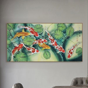 锦鲤，鲤，Koi fish, koi ponds water gardens，Good luck related, Original Hand-painted koi brush painting, vertical large Feng shui koi painting