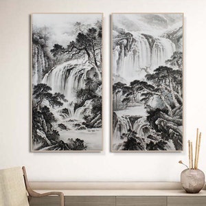 Original ink wash painting, 100% Hand-painted Shan shui painting, set of 2, large vertical Chinese mountains and waters painting, 26x53 VL