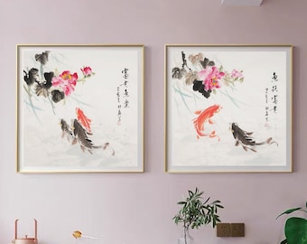 Hand-Painted Koi fish art, Original Chinese watercolor koi painting, freehand style koi fish, Square sumi-e koi painting, koi and peonies