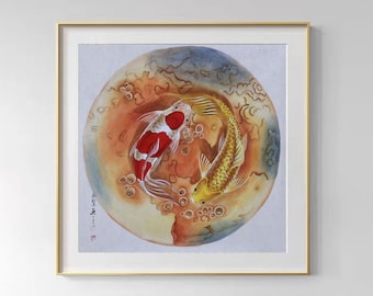 Hand-Painted meticulous Koi fish art, Original Chinese watercolor koi painting, 没骨 mogu style koi fish brush painting, sumi-e koi painting