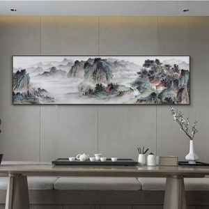 Vast Shan shui painting, Chinese landscape painting, hand-painted Chinese brush painting, ink on Xuan paper, horizontal narrow original work