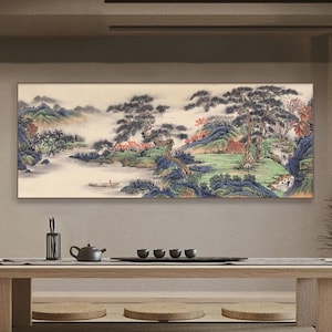Hand-painted Chinese traditional landscape painting, large horizontal landscape art, boat, river, villages, retro style wall art, 180x70cm