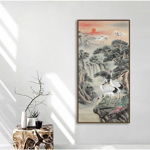 Hand-Painted pine tree & red crowned cranes, original Chinese cranes fine-brush painting, vertical large traditional Chinese painting