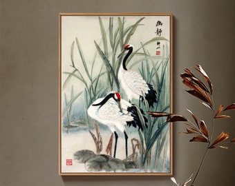 Original created cranes brush painting, Hand-painted Chinese cranes/Japanese cranes, vertical long hand made silk hanging scroll, 45x69 cm