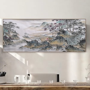 Original Chinese brush painting, hand-painted antique taste Chinese landscape painting, East Asian ink wash mountains and waters painting