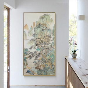 Original Hand-painted traditional mountains and rivers painting, Chinese landscape painting, vertical antique fine-brush mountain painting,