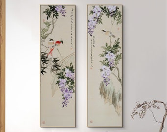 Hand-Painted wisteria blossoms painting, original Chinese watercolor bird-and-flower artwork, slim vertical brush botanic painting, set of 2