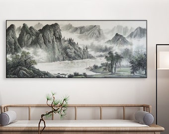 Boat, river, misty mountain, original black and white mountain  ink brush painting, large size horizontal hand-painted landscape painting