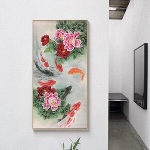 100% Hand-Painted Koi fish art, Peony & Koi sumi e, Asian watercolor painting, original ink brush painting, tea room wall art