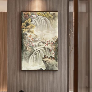 Warm color autumn mountains, vertical waterfall brush painting, original hand-painted, unframed