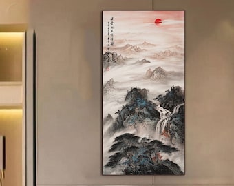 Hand painted Chinese mount- tai landscape painting, Original sunrise Taishan mountain peaks and clouds, ink wash mountain art decor 祥雲旭日朝暉圖