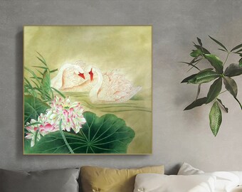 lotus and Swan couple, white Swan painting, original hand-painted white swan art, unframed watercolor painting, Anniversary gift