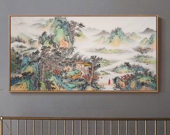 Hand-painted fine-brush Shan Shui painting, original Chinese traditional landscape painting, Chinese Gongbi landscape painting, 仿古小青綠,136x66