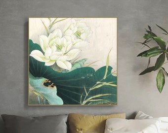 Hand painted lotus art, bright white petals, clam green leaves, Chinese Gongbi painting, original lotus painting, meticulous brush painting