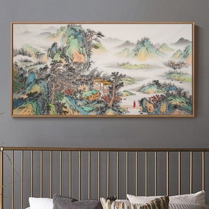 Hand-painted fine-brush Shan Shui painting, original Chinese traditional landscape painting, Chinese Gongbi landscape painting, 仿古小青綠,136x66