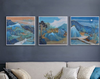 Hand-painted Illuminated Chinese landscape painting, Original Chinese brush painting, Royal style Chinese fine-brush golden Illuminated art