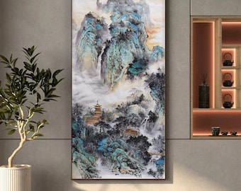 Hand-Painted Ink Wash Landscape | Impressionist Misty Mountains | Blue-Green Peaks & Pavilion | Large Vertical Scroll Wall Art, Authentic
