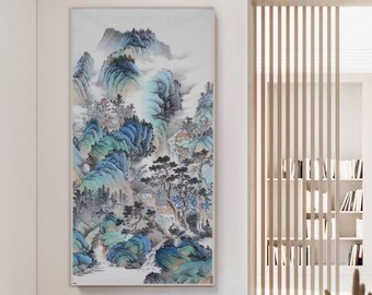 Chinese misty mountain landscape painting, original Chinese brush painting, hand-painted Shan shui painting, modern impressionist, 68x136 cm