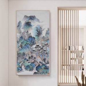 Chinese misty mountain landscape painting, original Chinese brush painting, hand-painted Shan shui painting, modern impressionist, 68x136 cm