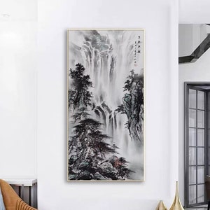 Hand-painted Chinese Shan-Shui Painting, ink wash mountain art, Original ink brush Landscape painting, vertical Black and White abstract art