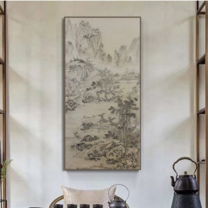 Antique taste Chinese landscape painting, original Chinese brush painting, 100% Hand-painted, vertical large retro style brushwork, 26x53 VL