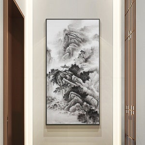Hand-painted Chinese ink wash painting, vertical large mountains and waters painting, original shan shui painting, black and white brushwork