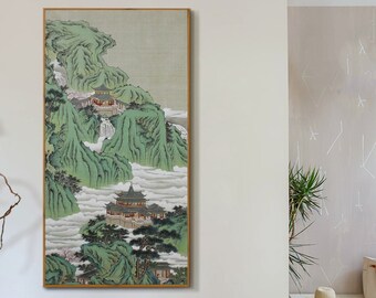 Hand-painted meticulous mountains and pavilions, Large vertical Chinese Jie-Hua, 界画, original Asian watercolor mountains and clouds painting