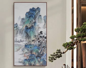 Chinese ancient misty mountain landscape painting, original Chinese traditional brush painting, hand-painted Shan shui art, 68x136 cm