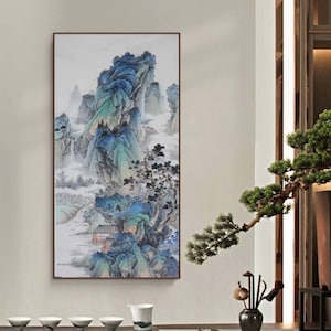 Chinese ancient misty mountain landscape painting, original Chinese traditional brush painting, hand-painted Shan shui art, 68x136 cm