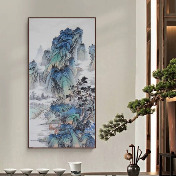 Chinese ancient misty mountain landscape painting, original Chinese traditional brush painting, hand-painted Shan shui art, 68x136 cm