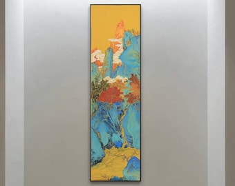 Hand-painted lacquer painted Shan shui art, long vertical 泥金 Nijin landscape art, unframed Original Chinese landscape painting, Authentic