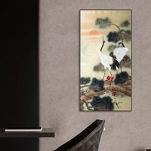 Authentic Hand-Painted crane & pine tree, vertical traditional Chinese Fine-brush painting, original Gongbi red crowned cranes painting