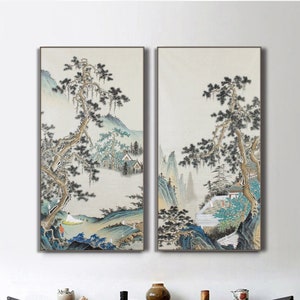Hand-painted Chinese traditional landscape painting, large vertical antique taste tall pine tree meticulous painting, set of two, 26x53 VL