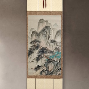 Hand-painted, replica of Chen Shaomei&#39;s Shan shui painting, authentic Chinese ink brush painting, handmade silk hanging scroll, 46x85 cm