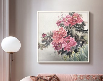 Sumi e peonies art, original peony brush painting, hand-painted pink peonies art, Chinese ink and wash peonies painting, squared peony art