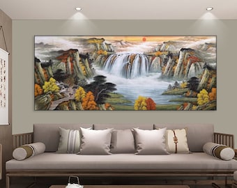 Original Chinese landscape painting, Hand-Painted Shan Shui painting, ink brush mountain and water art, Asian Feng Shui painting wall décor